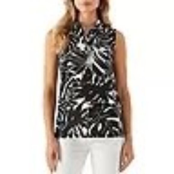 Rafaella $49  Sleeveless‎ Black & White Leaf Print Collared Polo Shirt Sm NWT - Picture 2 of 12